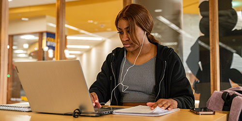 An NICC Peosta students works at her laptop in the Peosta library.