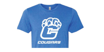A blue t-shirt with the Cougars secondary logo in white.