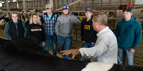 A group of ag students gather to listen to an instructor in the dairy barn