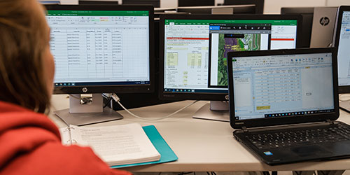 Students work on the computer with ag yields